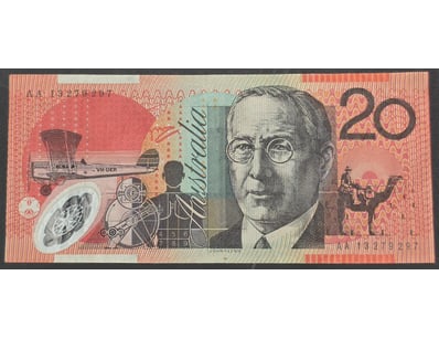 AUSTRALIAN BANK NOTE, 2013 $20 FIRST PREFIX AA13 S...
