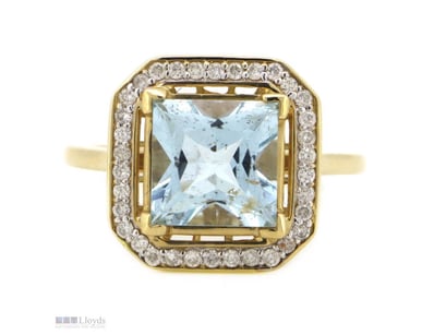 14K YELLOW GOLD, AQUAMARINE AND DIAMOND, HALO RING...