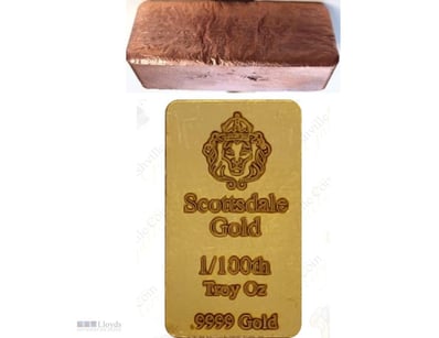 1/100 OUNCE SCOTTDALE GOLD BAR X 1 KILO OF COPPER ...
