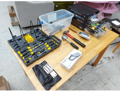 Assorted tool collection featuring Stanley screwdr...