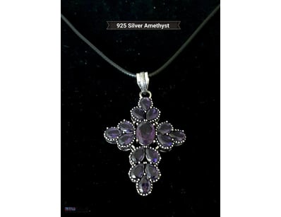 925 SILVER AMETHYST GEMSTONES PENDANT ON BLACK COR...