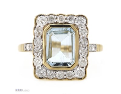 14K YELLOW GOLD, AQUAMARINE AND DIAMOND, HALO RING...