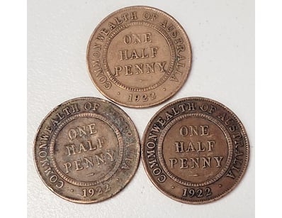 3X 1922 AUSTRALIAN HALF PENNY COINS

488567+25
...