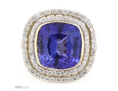 14K YELLOW GOLD, 9.55CT TANZANITE AND DIAMOND, DOU...