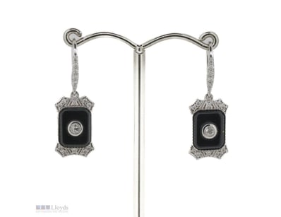 14K WHITE GOLD ONYX AND DIAMOND DROP EARRINGS.    ...