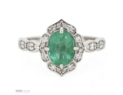 14K WHITE GOLD, EMERALD AND DIAMOND, HALO DRESS RI...
