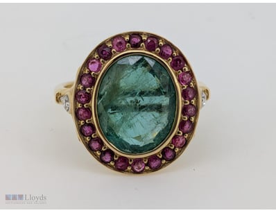 14CT YELLOW GOLD EMERALD, RUBY AND DIAMOND RING

1...