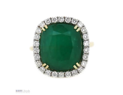 14K YELLOW GOLD, 14.37CT EMERALD AND DIAMOND, HALO...