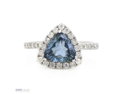 14K WHITE GOLD, AQUAMARINE AND DIAMOND, HALO RING....