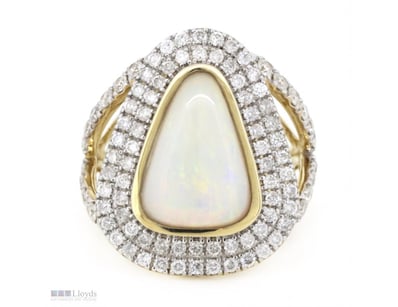 14K YELLOW GOLD, NATURAL WHITE OPAL AND DIAMOND, D...