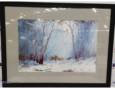 FRAMED PAINTING WINTER FOREST SCENE WITH HORSES BY...