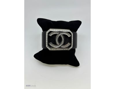 CHANEL BLACK LEATHER & SILVER CC BRACELET, RRP $1,...