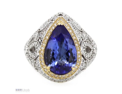 14K WHITE/YELLOW GOLD, 6.33CT TANZANITE AND DIAMON...