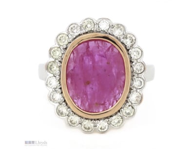 14K WHITE/ROSE GOLD, RUBY AND DIAMOND, HALO RING. ...