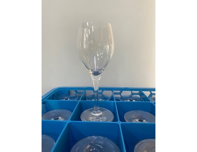 Lot of wine glasses in blue crate. 19cm tall. 7cm ...