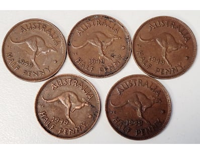 5X 1949 HALF PENNY AUSTRALIAN COINS

488567+12
...