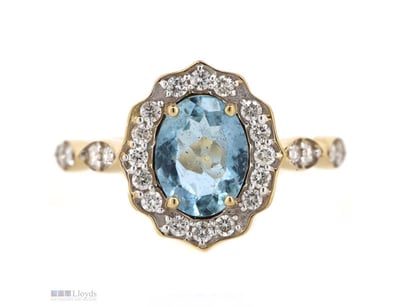 14K YELLOW GOLD, AQUAMARINE AND DIAMOND, ANTIQUE I...