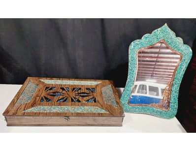 PERSIAN TURQUOISE INLAID COPPER MIRROR

Condition:...