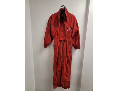 VINTAGE RED NYLON SKI SUIT WITH EMBROIDERED MOTIF,...