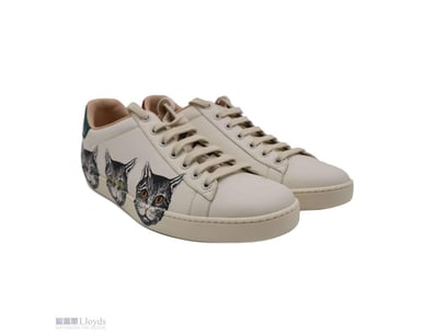 GUCCI OFF WHITE LEATHER MYSTIC CAT ACE SNEAKERS SI...