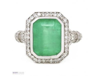 14K WHITE GOLD, 6.95CT COLOMBIAN EMERALD AND DIAMO...