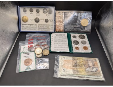 Currency, including medieval English coin set, 198...