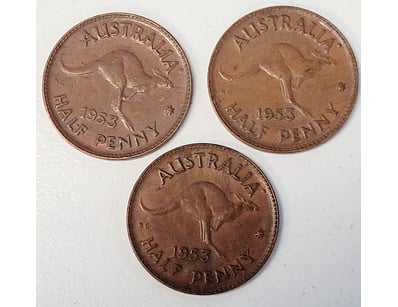 3X 1953 AUSTRALIAN HALF PENNY COINS

488567+10
...