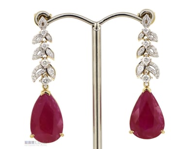 14K YELLOW GOLD, RUBY AND DIAMOND, DROP EARRINGS. ...