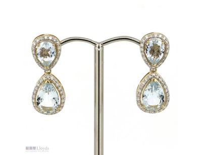 14K YELLOW GOLD, AQUAMARINE AND DIAMOND, HALO DROP...