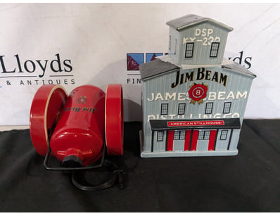 JIM BEAM DISTILLERY BUILDING DECANTER AND RED CERA...