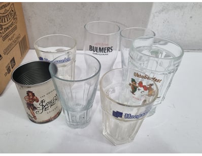 Glassware, Variety of drinking glasses, and alumin...