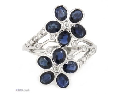 14K WHITE GOLD, BLUE SAPPHIRE AND DIAMOND, FLORAL ...