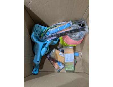 Bulk lot of pet supplies including blue plastic li...