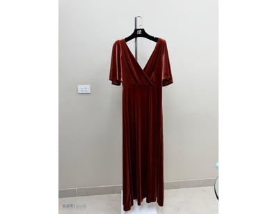 BURGUNDY VELVET WRAP MAXI DRESS WITH FLUTTER SLEEV...