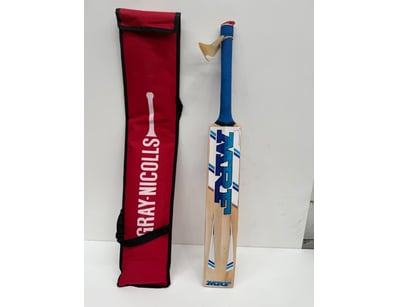 MRF cricket bat with blue grip and red cloth carry...