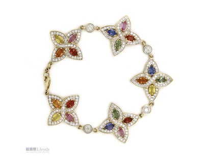 14K YELLOW GOLD, MULTI-COLOURED SAPPHIRE AND DIAMO...