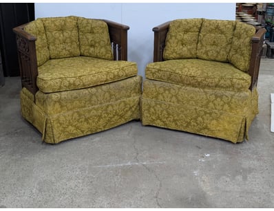 Occasional chairs, ornate timber frame with green/...