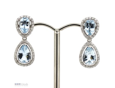 14K WHITE GOLD, AQUAMARINE AND DIAMOND, HALO DOUBL...