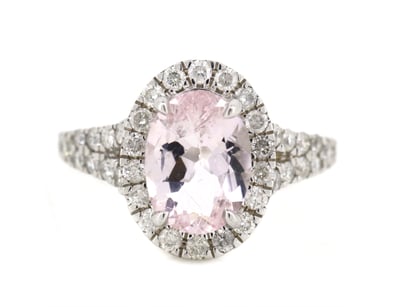 14K WHITE GOLD, MORGANITE AND DIAMOND, HALO RING. ...