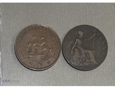 1942-SOUTH AFRICA COPPER PRE DECIMAL PENNY AND 191...