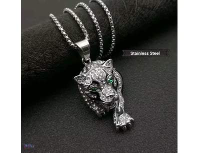 STAINLESS STEEL LEOPARD HEAD BOX CHAIN NECKLACE   ...