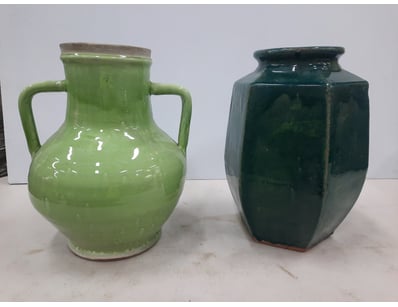 Pair of vases, light green and dark green finish....