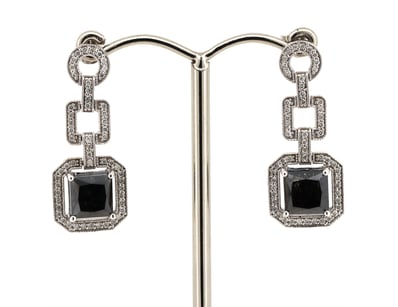 14K WHITE GOLD, BLACK DIAMOND AND DIAMOND, DROP EA...
