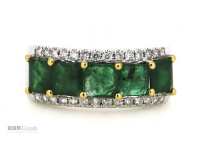 PLATINUM 950, EMERALD AND DIAMOND, DECORATIVE BAND...