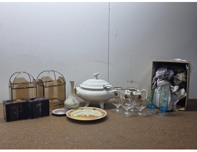 Homewares, plates, lamp shades, cups, beer cups an...