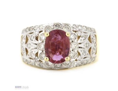 14K YELLOW GOLD, PINK SAPPHIRE AND DIAMOND, DECORA...