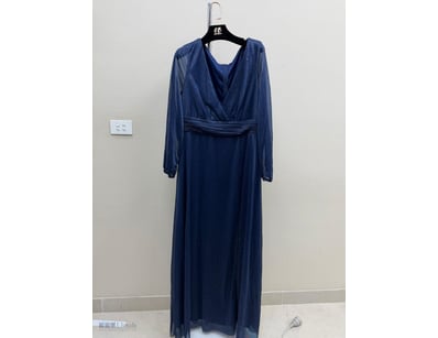 NAVY VELVET LONG-SLEEVE EVENING GOWN WITH WRAP DET...