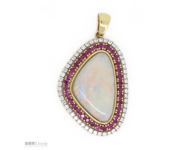 14K YELLOW GOLD, 5.66CT ANDAMOOKA OPAL, RUBY AND D...