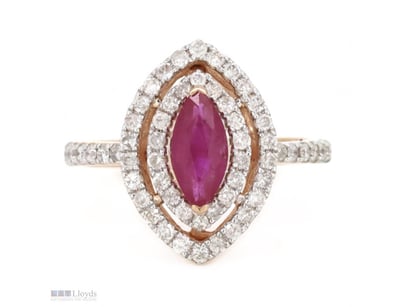 14K ROSE GOLD, RUBY AND DIAMOND, DOUBLE HALO RING....
