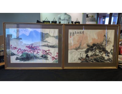 PAIR OF FRAMED CHINESE LANDSCAPE PAINTINGS WITH CA...